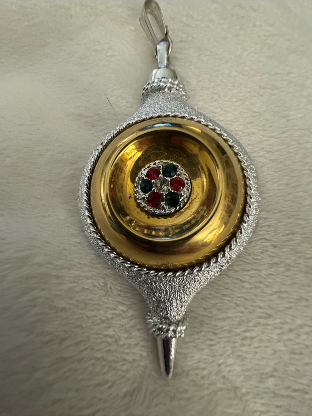 Two-Tone Gold and Silver Pendant Necklace with Red and Green Gem Accents